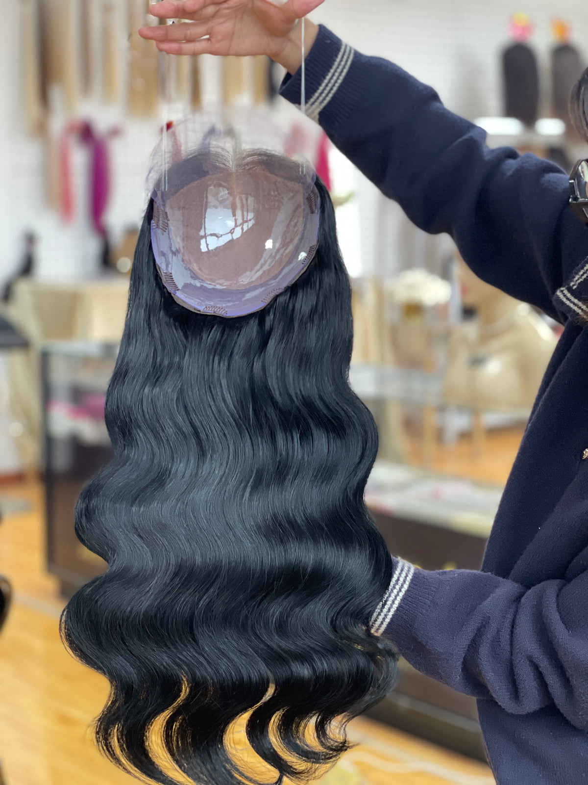 Natural Brown Center-Part Long Wavy Human Hair Topper Mini Wig, product view 2