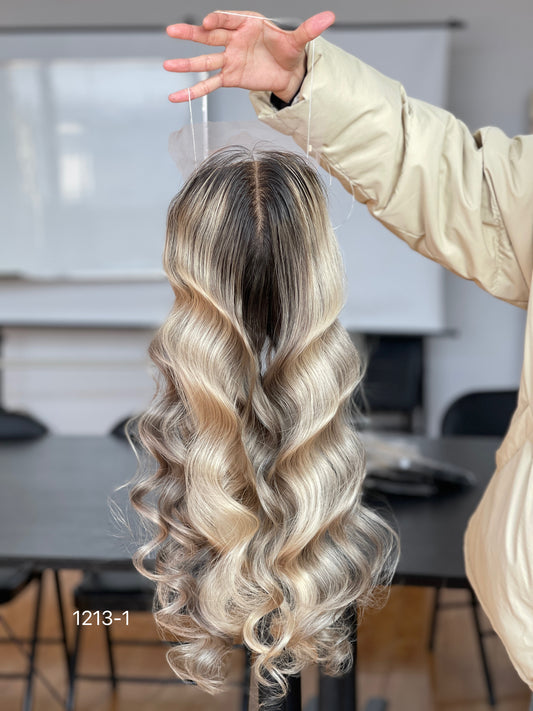 Ash Brown Dark-Root Blonde Highlighted Long Wavy Human Hair Topper Mini Wig, product view 1