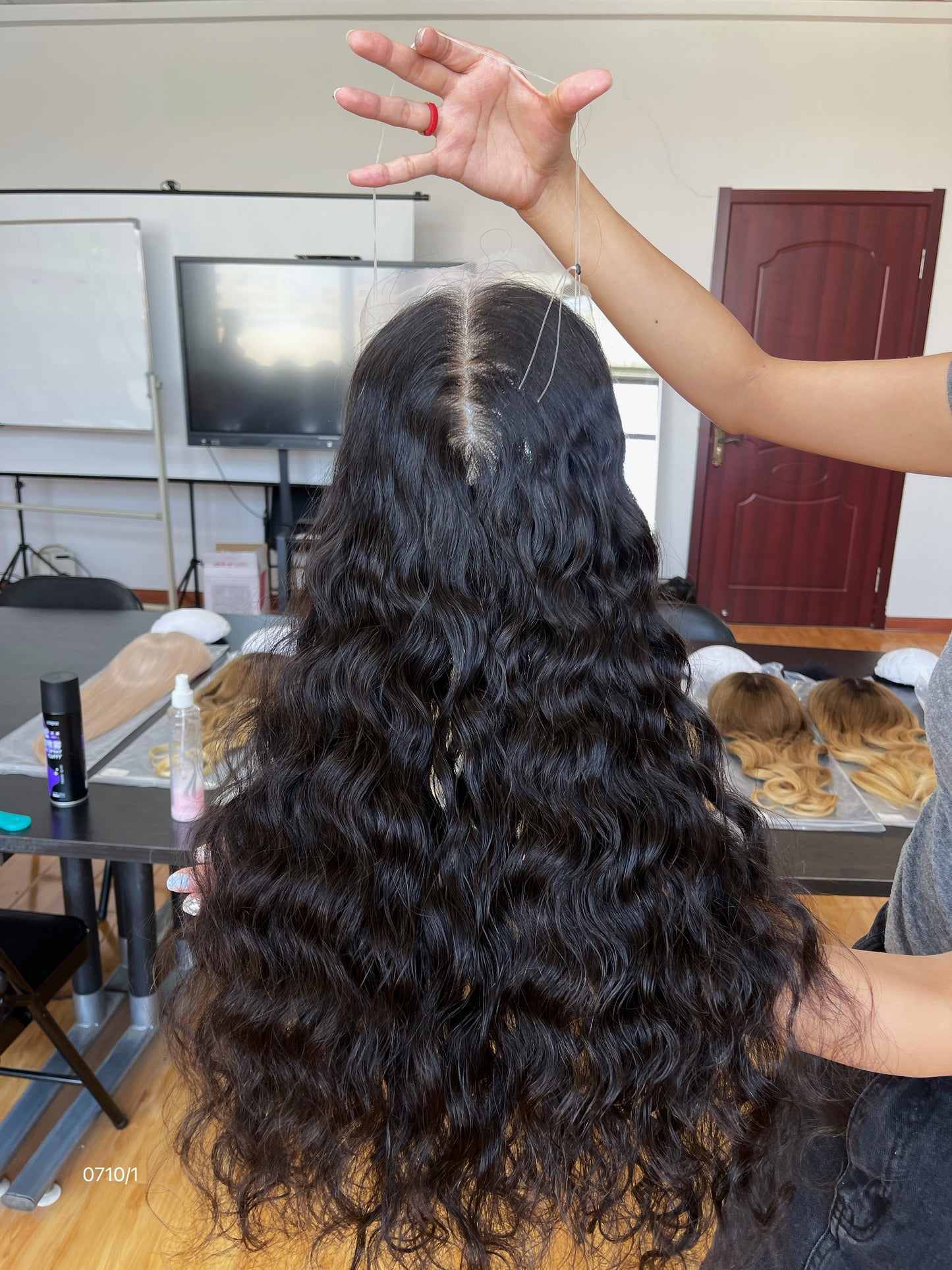 Ash Brown Center-Part Long Curly Human Hair Topper Mini Wig, product view 1