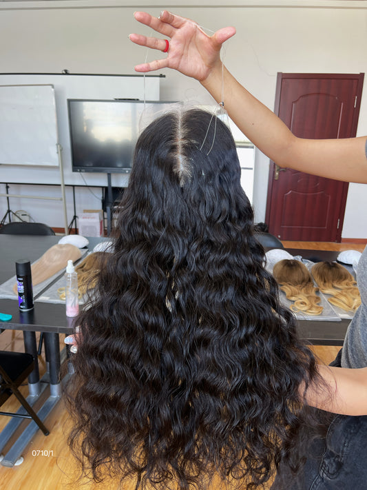 Ash Brown Center-Part Long Curly Human Hair Topper Mini Wig, product view 1