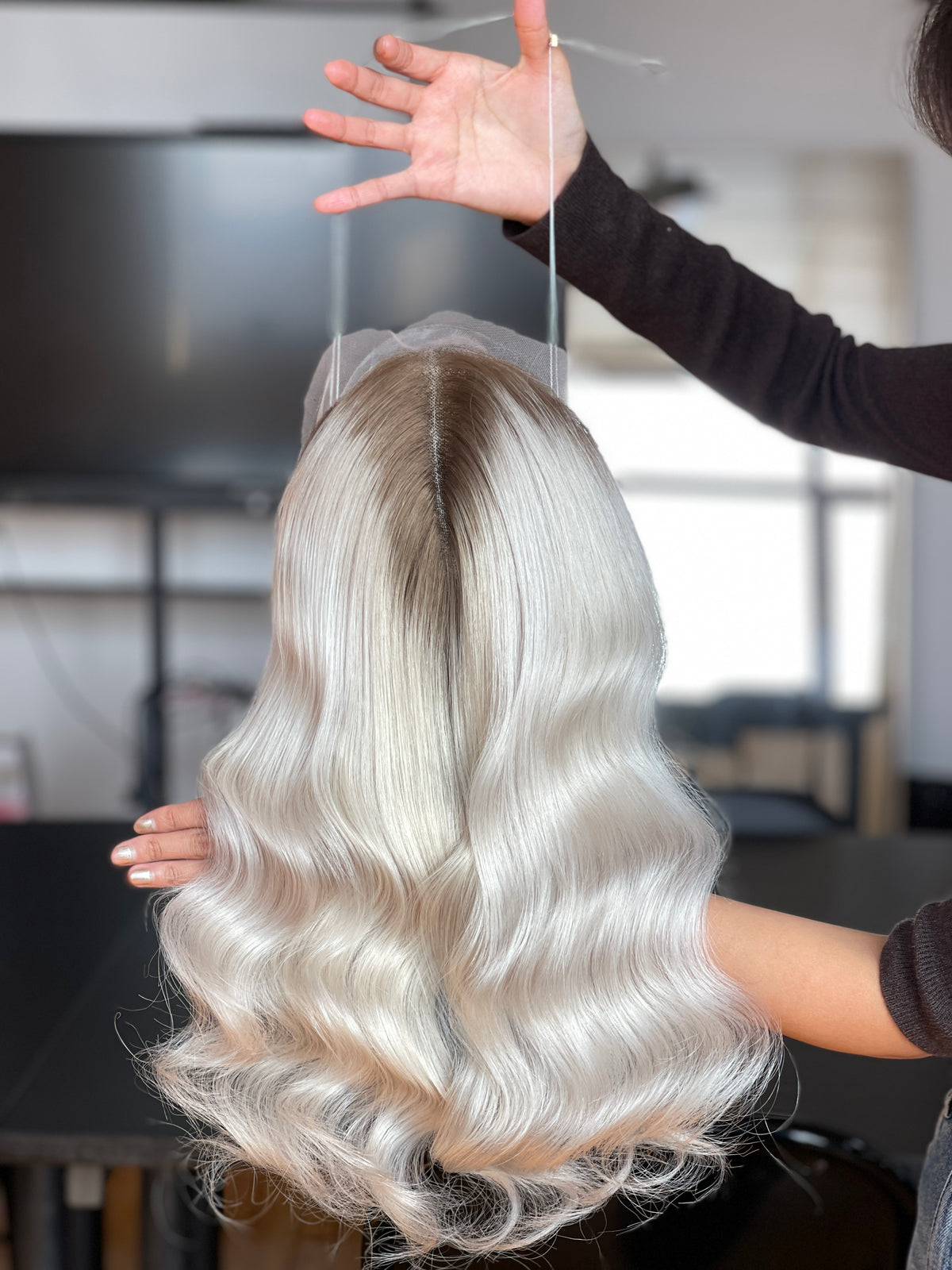 Silver Ash Blonde Long Wavy Human Hair Topper Mini Wig, product view 2