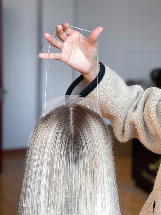 Silver Ash Blonde Long Straight Human Hair Topper Mini Wig, product view 2 — alternate view