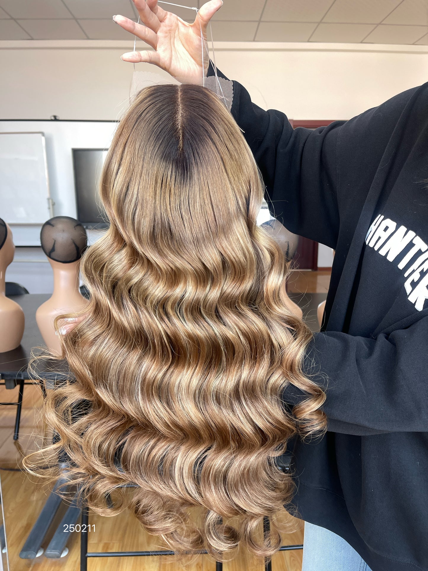 Warm Brown Blonde Highlighted Long Wavy Human Hair Topper Mini Wig, product view 1