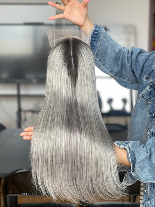 Silver Ash Blonde Long Straight Human Hair Topper Mini Wig, product view 1
