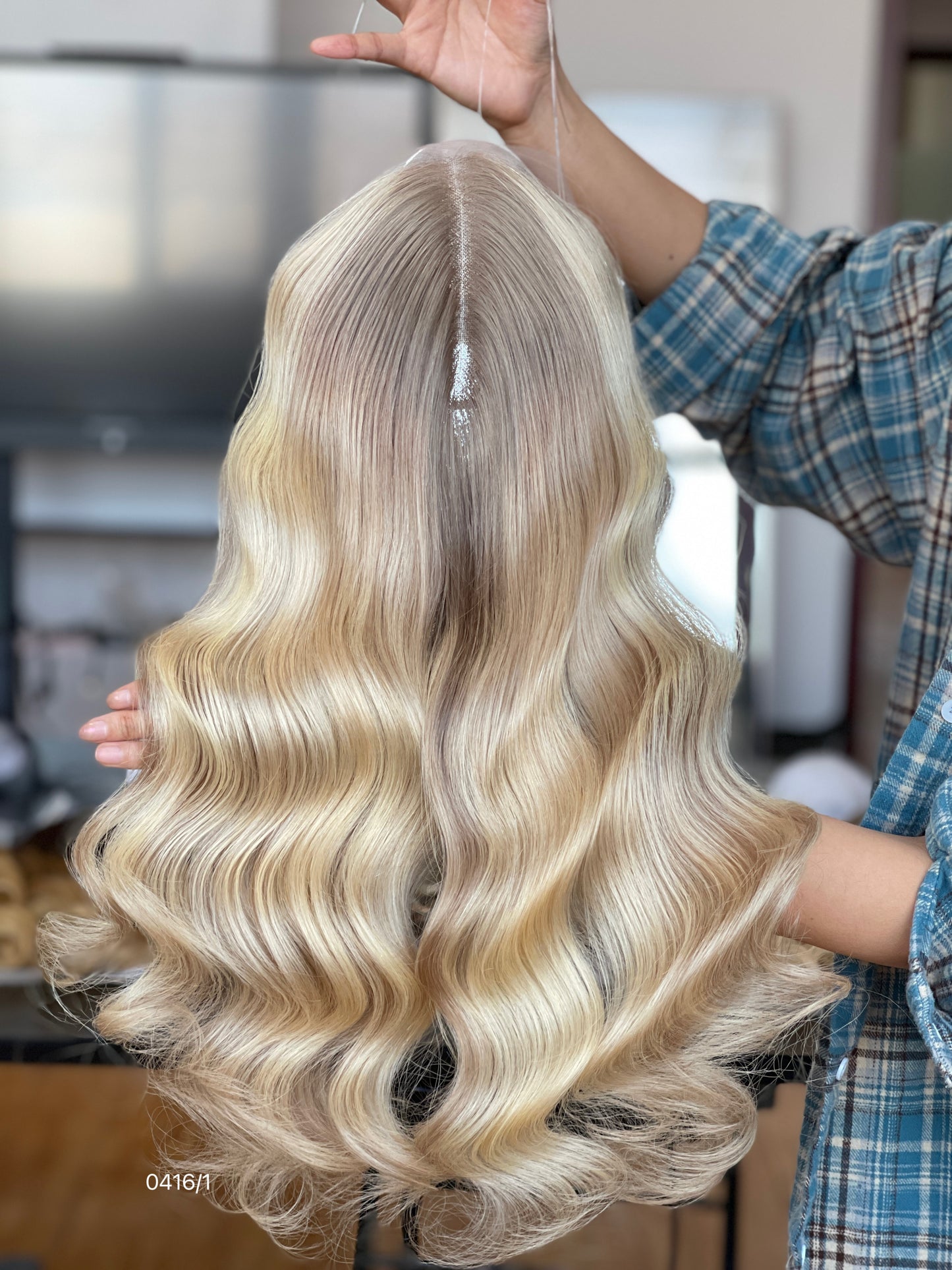 Chocolate Brown Rooted Blonde Long Wavy Human Hair Topper Mini Wig, product view 1