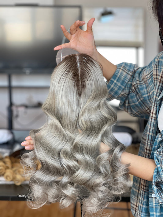 Ash Brown Rooted Ash Blonde Long Wavy Human Hair Topper Mini Wig, product view 1