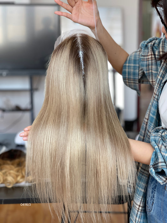 Chocolate Brown Rooted Ash Blonde Long Straight Human Hair Topper Mini Wig, product view 1