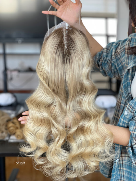 Chocolate Brown Rooted Blonde Long Wavy Human Hair Topper Mini Wig, product view 1