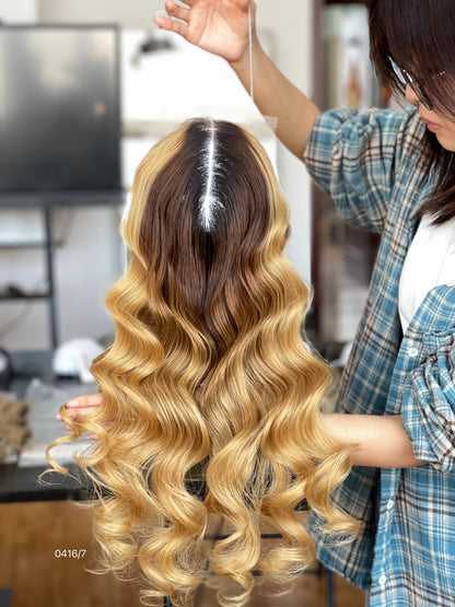 Copper Brown Rooted Blonde Long Wavy Human Hair Topper Mini Wig, product view 1