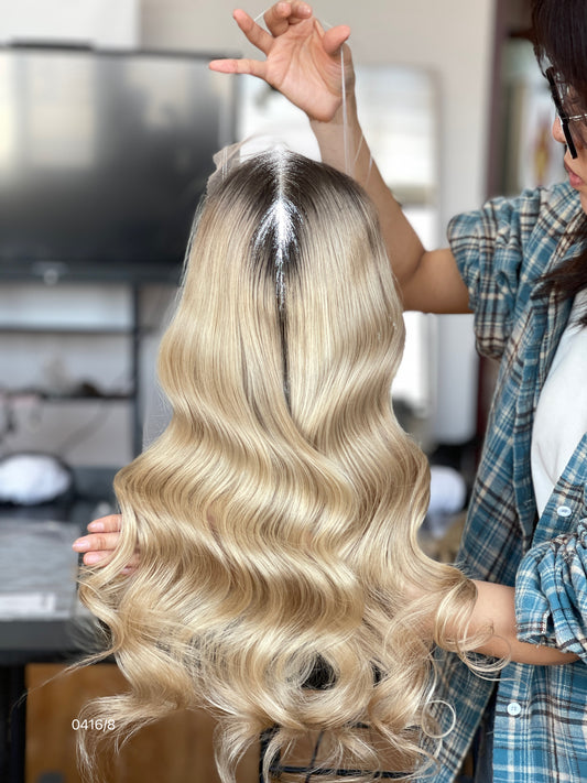 Chocolate Brown Rooted Blonde Long Wavy Human Hair Topper Mini Wig, product view 1
