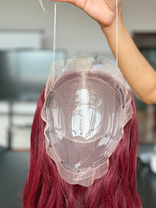 Burgundy Red Long Wavy Human Hair Topper Mini Wig, product view 2 — alternate view