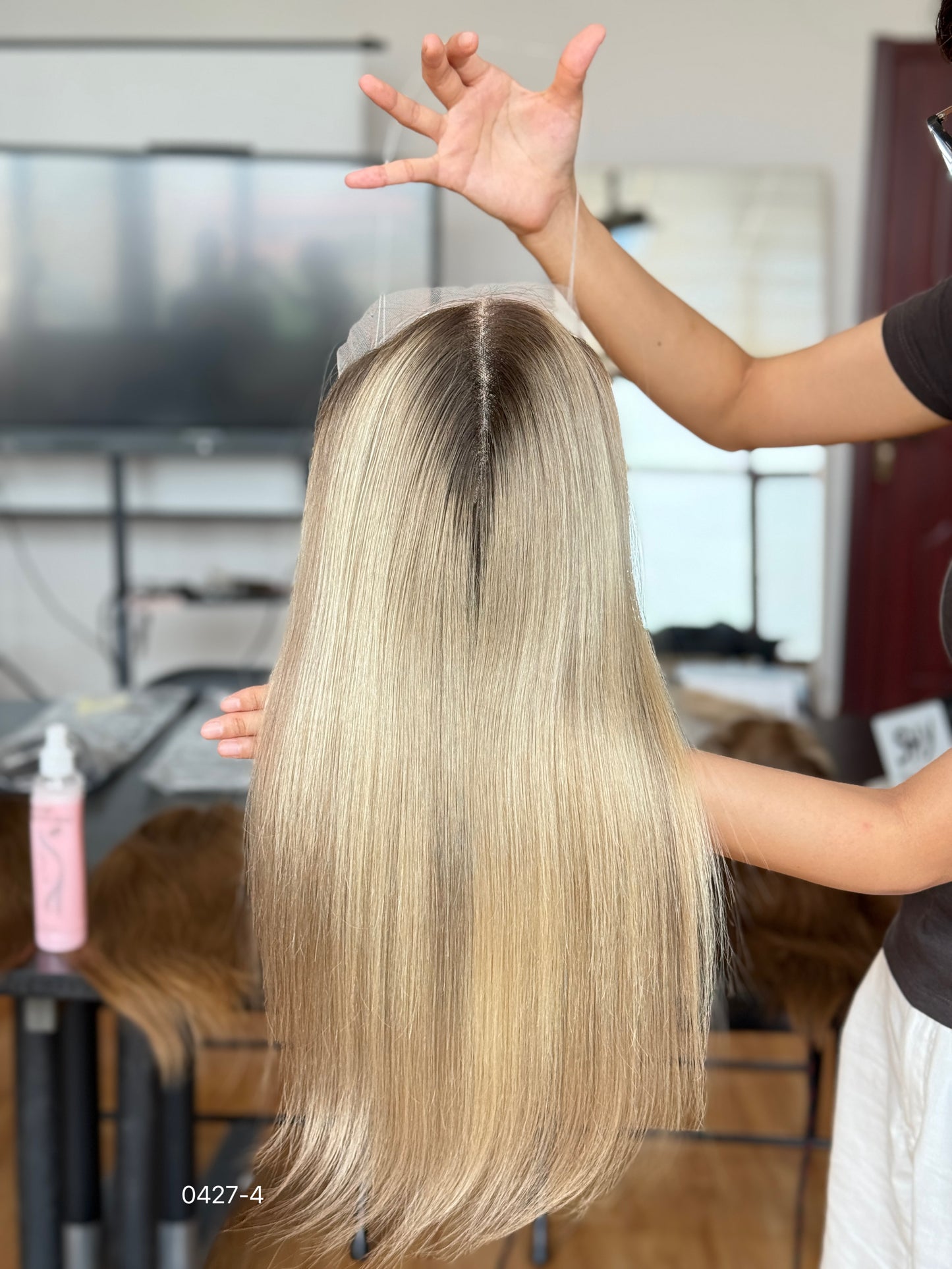 Light Blonde Dark-Root Long Straight Human Hair Topper Mini Wig, product view 1