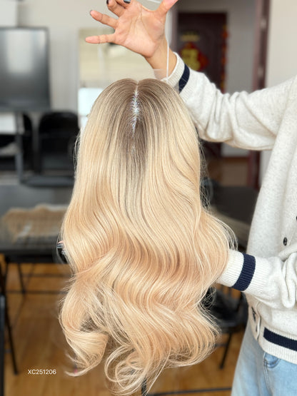 Light Blonde Long Wavy Human Hair Topper Mini Wig, product view 1