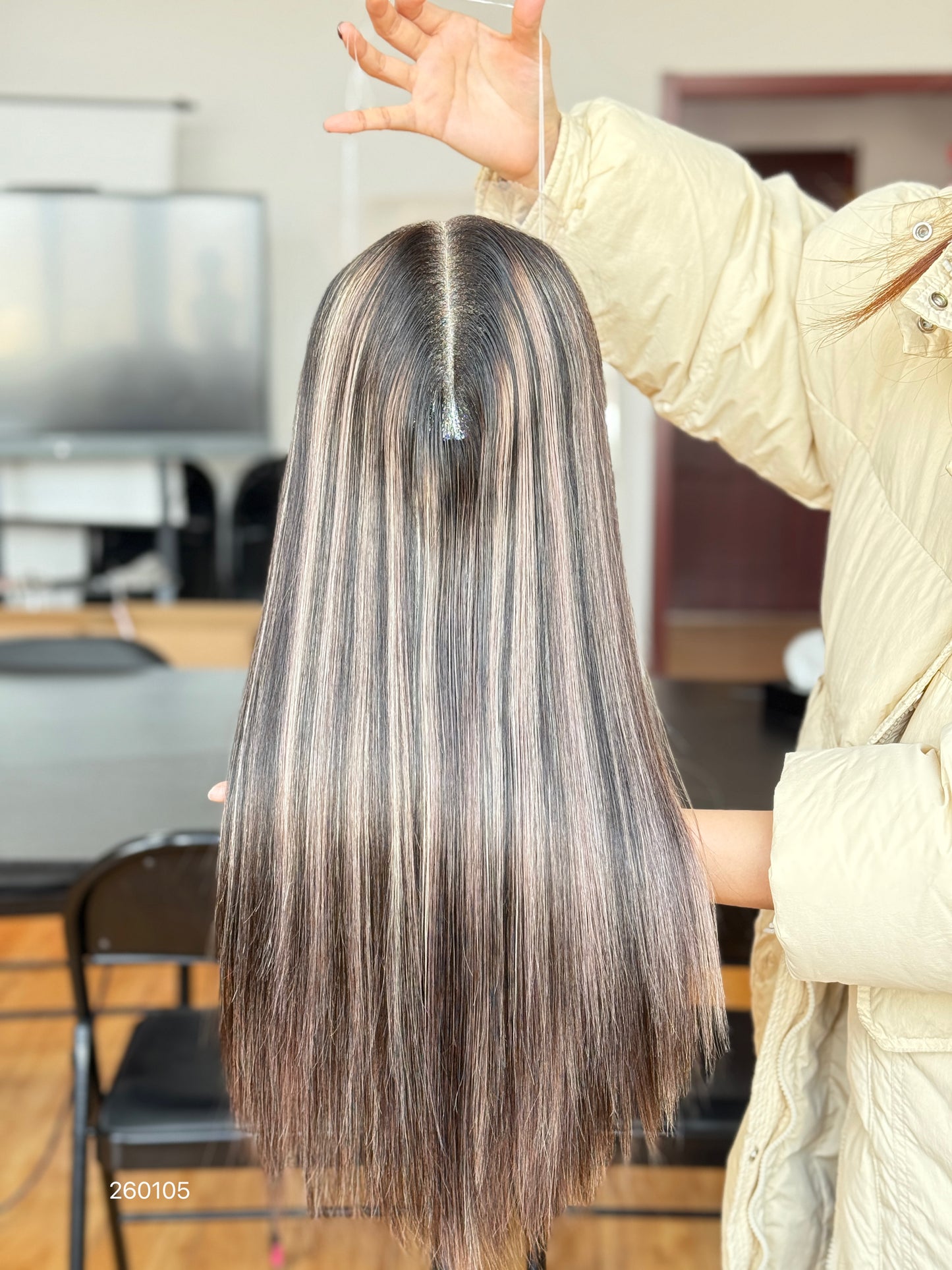 Ash Blonde Highlighted Long Straight Human Hair Topper Mini Wig, product view 1
