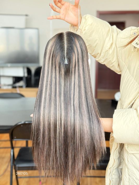 Ash Blonde Highlighted Long Straight Human Hair Topper Mini Wig, product view 1