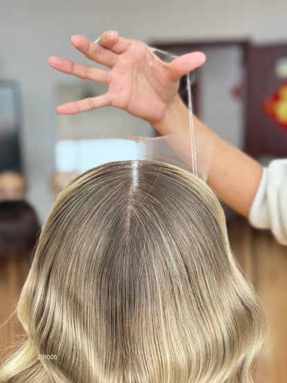 Warm Brown Blonde Highlighted Long Wavy Human Hair Topper Mini Wig, product view 2