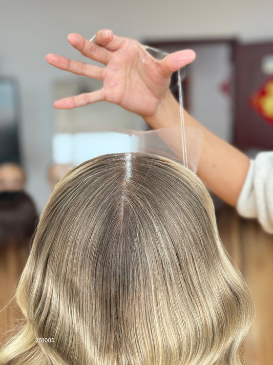 Warm Brown Blonde Highlighted Long Wavy Human Hair Topper Mini Wig, product view 2 — alternate view