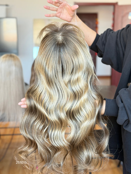 Chocolate Brown Rooted Blonde Long Wavy Human Hair Topper Mini Wig, product view 1