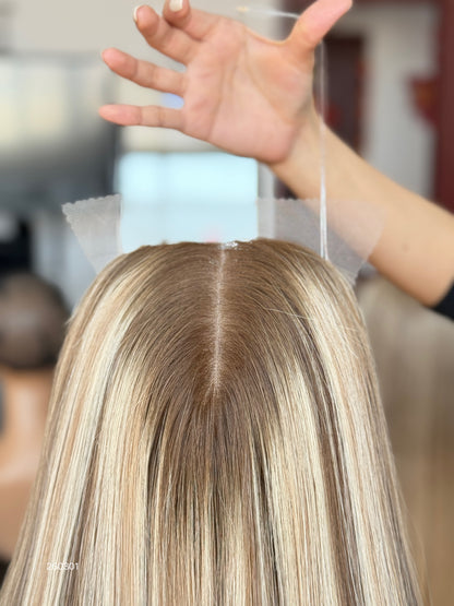 Light Blonde Long Straight Human Hair Topper Mini Wig, product view 2