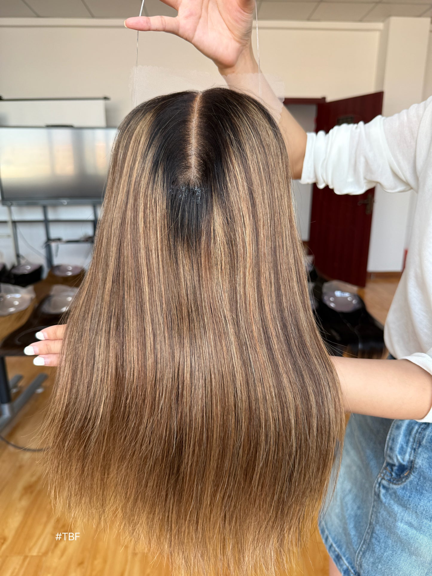 Warm Brown Dark-Root Long Straight Human Hair Topper Mini Wig, product view 1