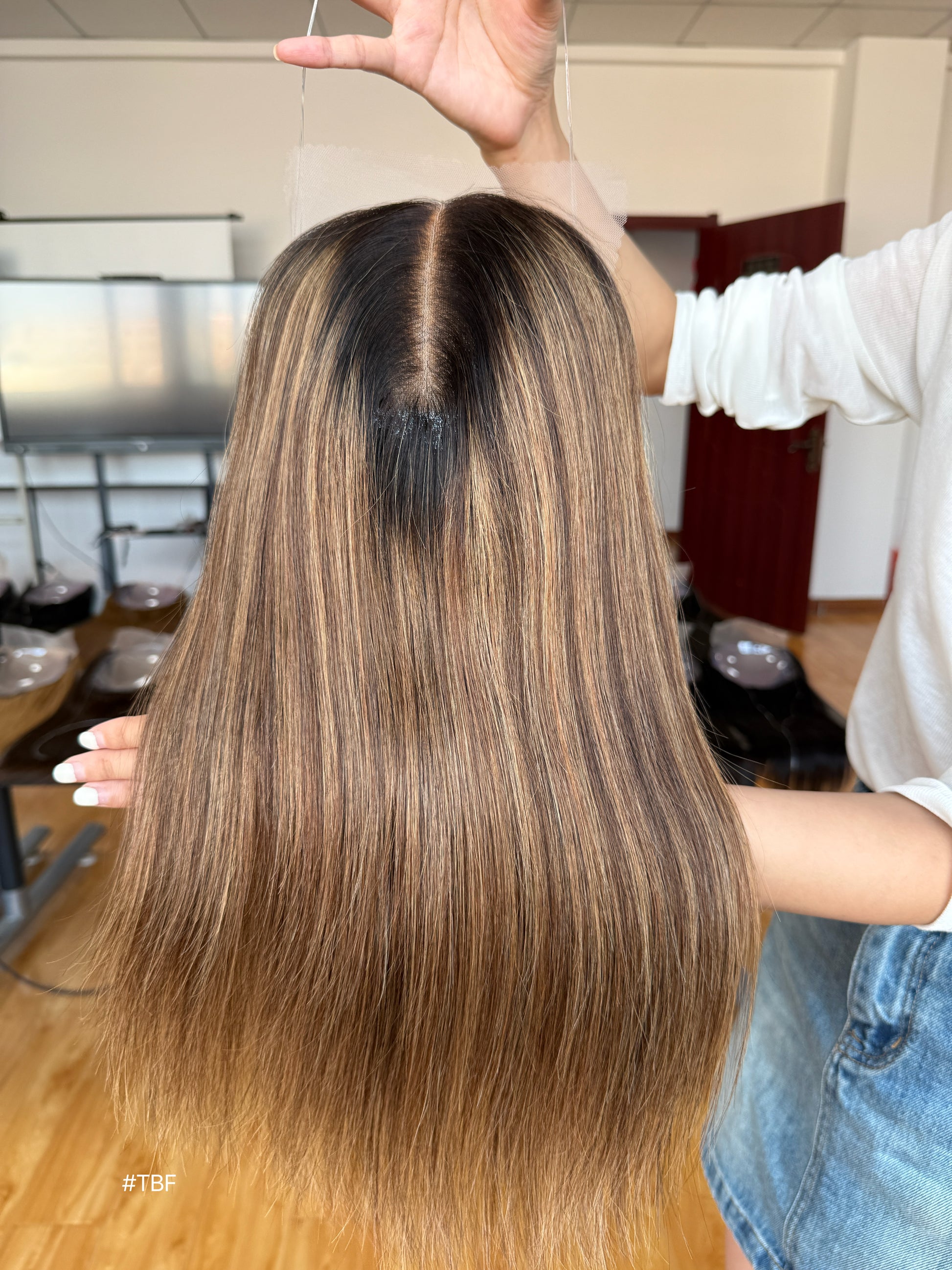 Warm Brown Dark-Root Long Straight Human Hair Topper Mini Wig, product view 1