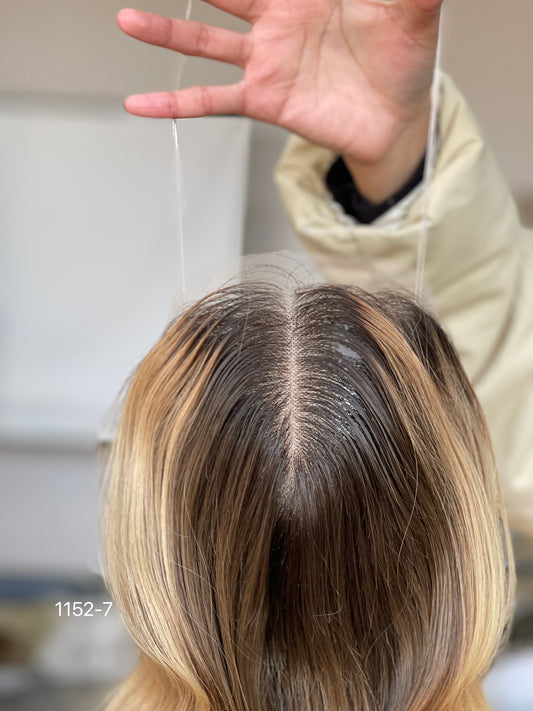 Dark-Root Blonde Long Wavy Human Hair Topper Mini Wig, product view 2 — alternate view