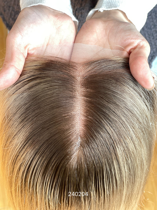 Copper Blonde Long Straight Human Hair Topper Mini Wig, product view 2 — alternate view