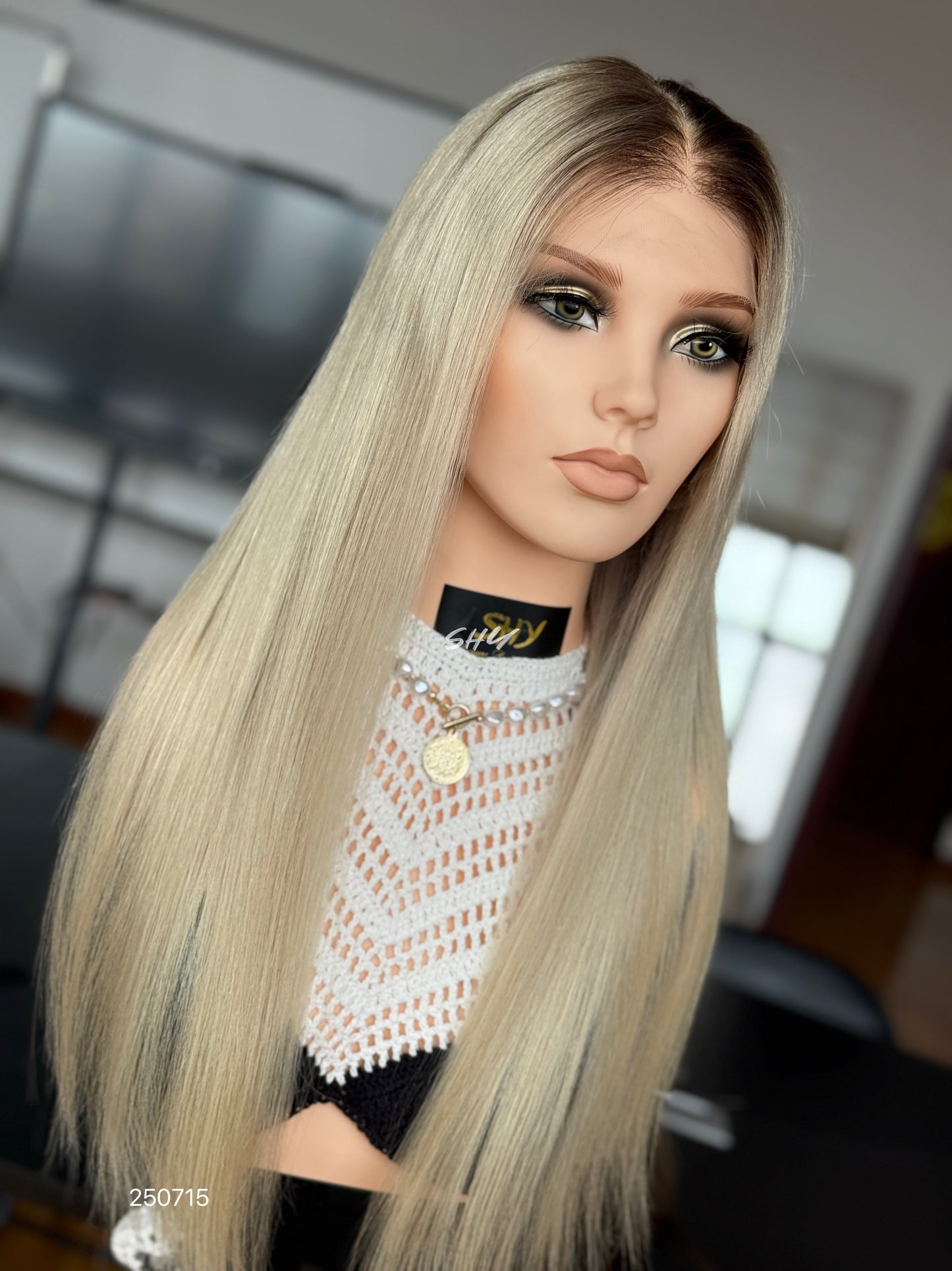 Light Blonde Middle-Part Long Straight Human Hair Lace Front Glueless Medical Wig, product view 2