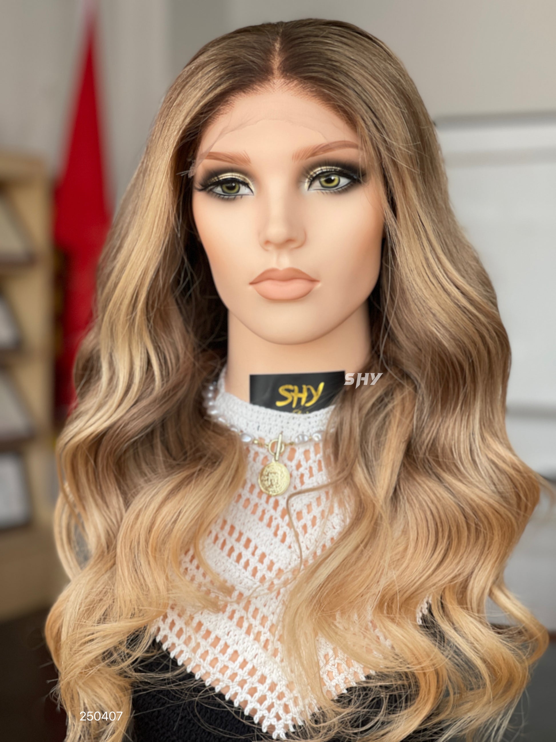 Dark Root Honey Blonde Ombre Middle-Part Body Wave Human Hair Lace Front Glueless Medical Wig, product view 2