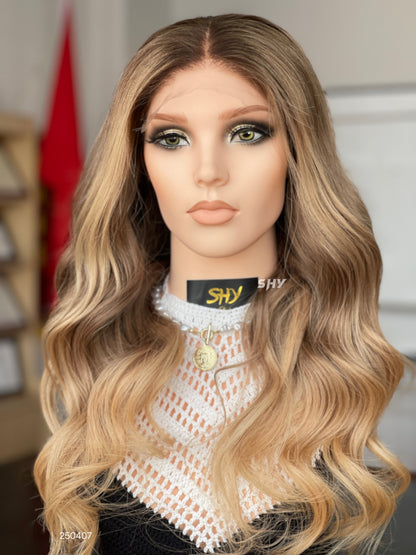 Dark Root Honey Blonde Ombre Middle-Part Body Wave Human Hair Lace Front Glueless Medical Wig, product view 2