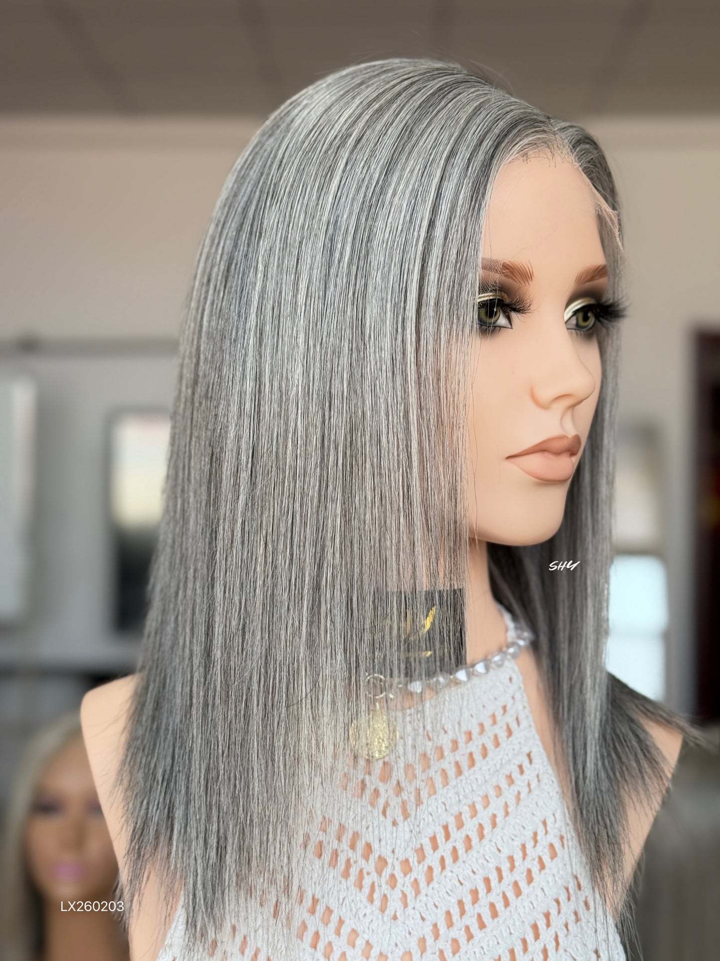 Silver Gray Middle-Part Straight Human Hair Lace Front Glueless Medical Wig, product view 2