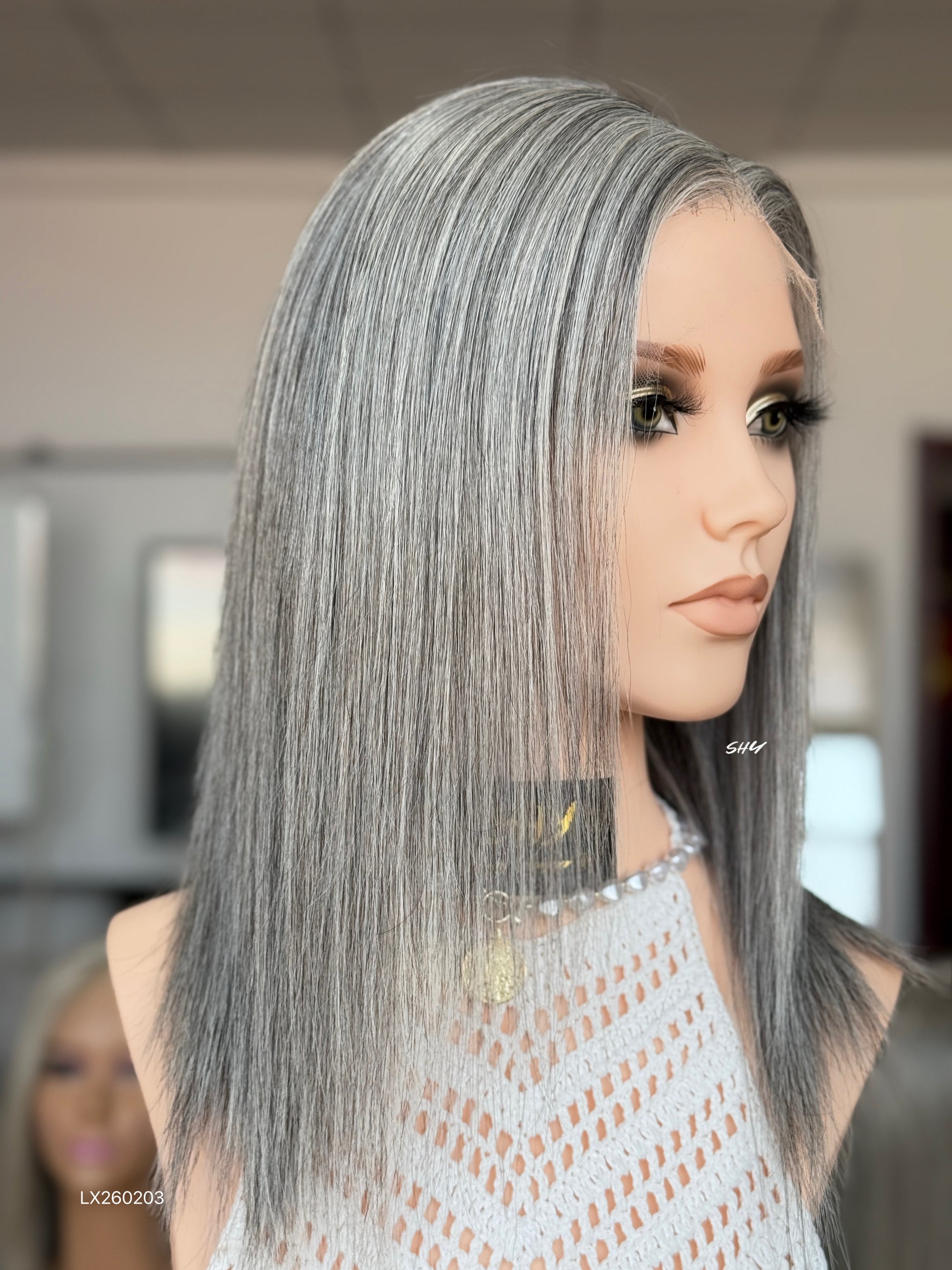 Silver Gray Middle-Part Straight Human Hair Lace Front Glueless Medical Wig, product view 2