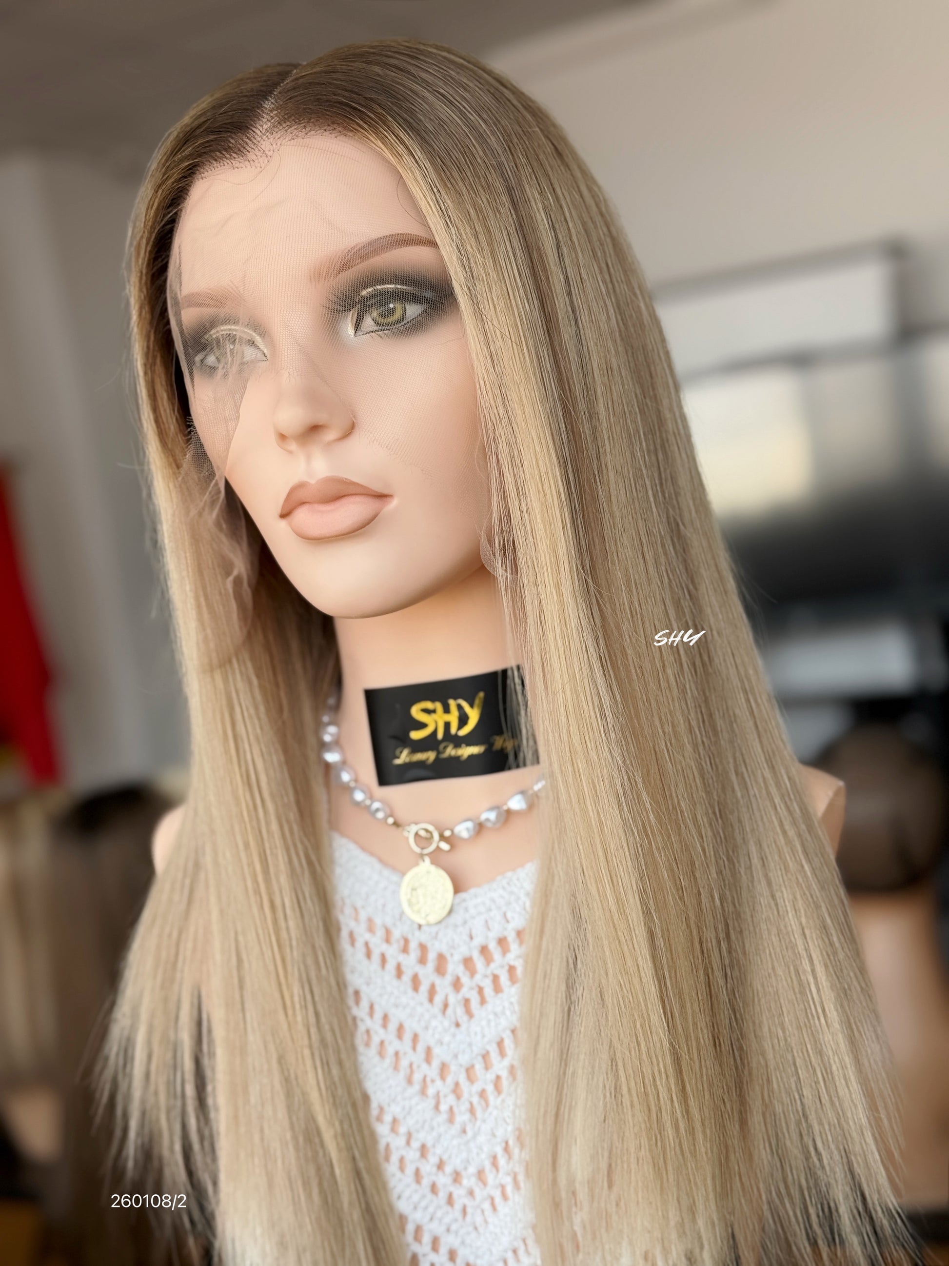 Dark Root Ash Blonde Highlighted Middle-Part Straight Human Hair Lace Front Glueless Medical Wig, product view 2