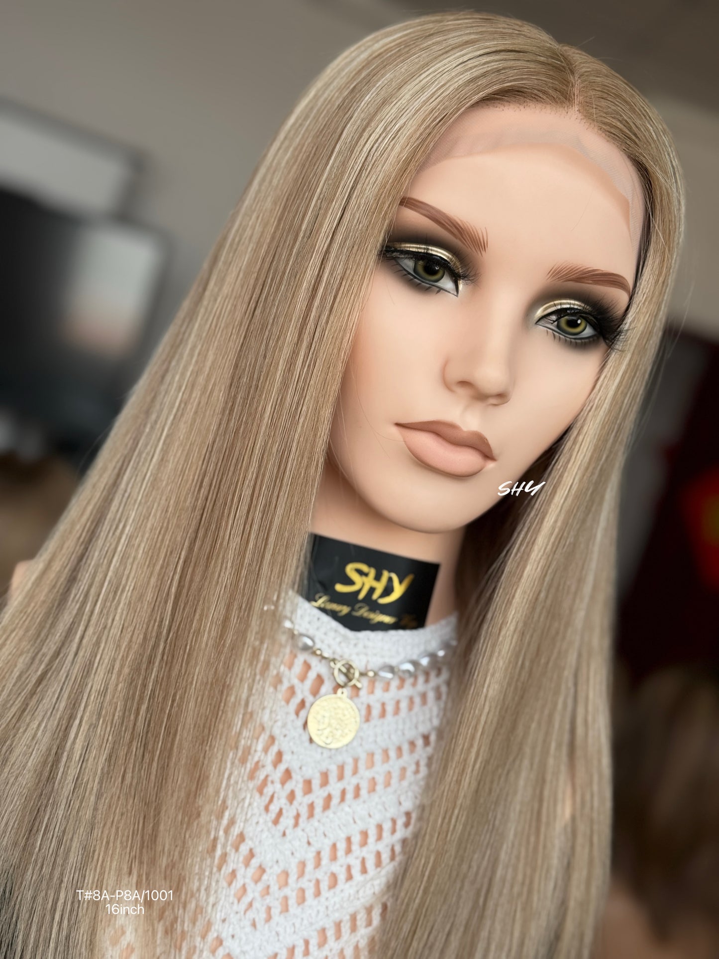 Beige Blonde Highlighted Middle-Part Shoulder-Length Straight Human Hair Lace Front Glueless Medical Wig, product view 2