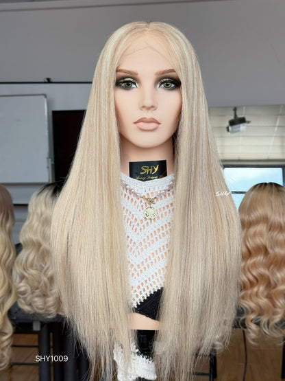 Ash Blonde Middle-Part Straight Human Hair Lace Front Glueless Medical Wig, product view 2