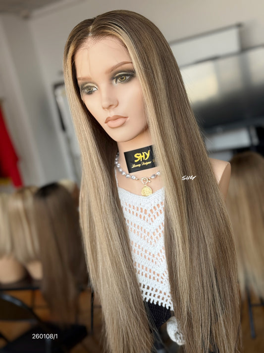 Dark Root Ash Brown Blonde Highlighted Middle-Part Straight Human Hair Lace Front Glueless Medical Wig, product view 2 — alternate view