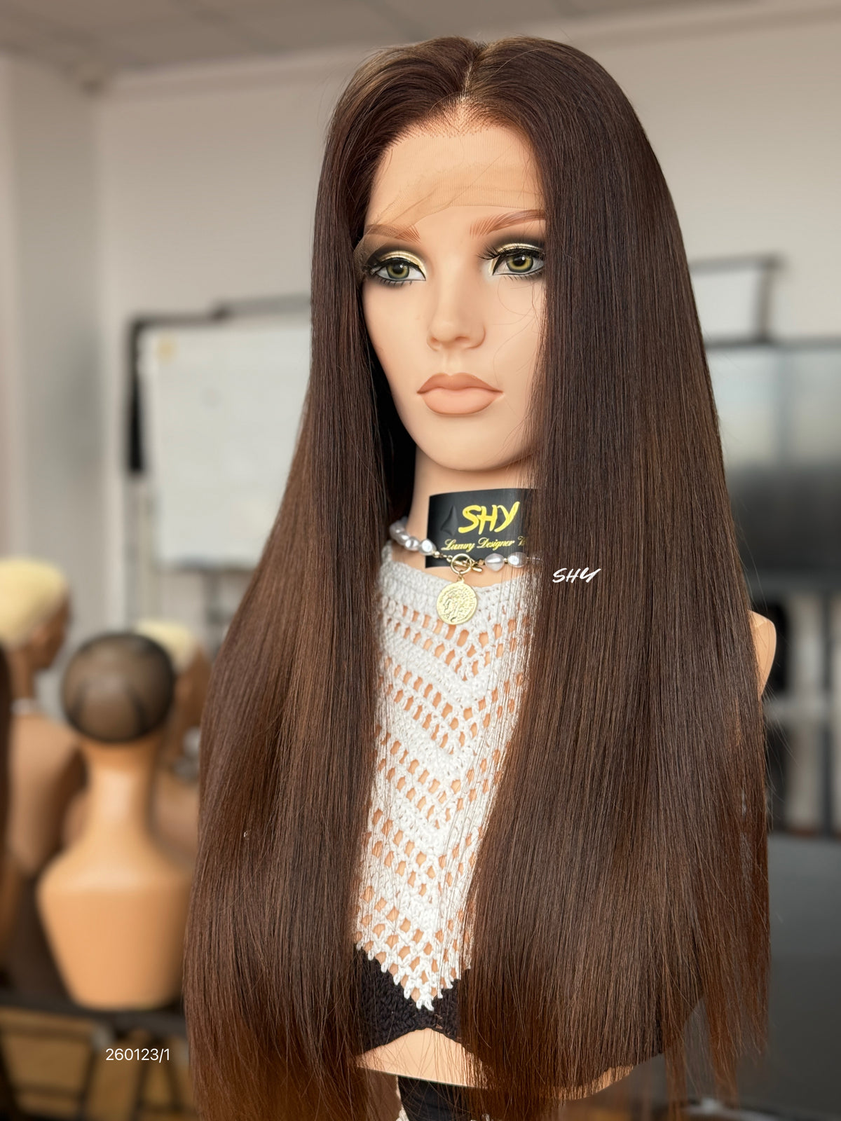 Chocolate Brown Middle-Part Long Straight Human Hair Lace Front Glueless Medical Wig, product view 2
