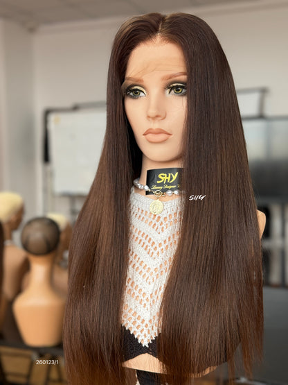 Chocolate Brown Middle-Part Long Straight Human Hair Lace Front Glueless Medical Wig, product view 2
