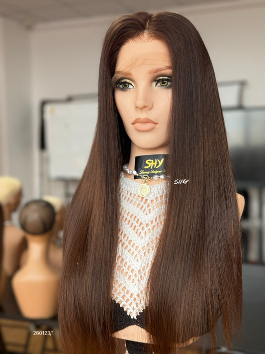 Chocolate Brown Middle-Part Long Straight Human Hair Lace Front Glueless Medical Wig, product view 2 — alternate view