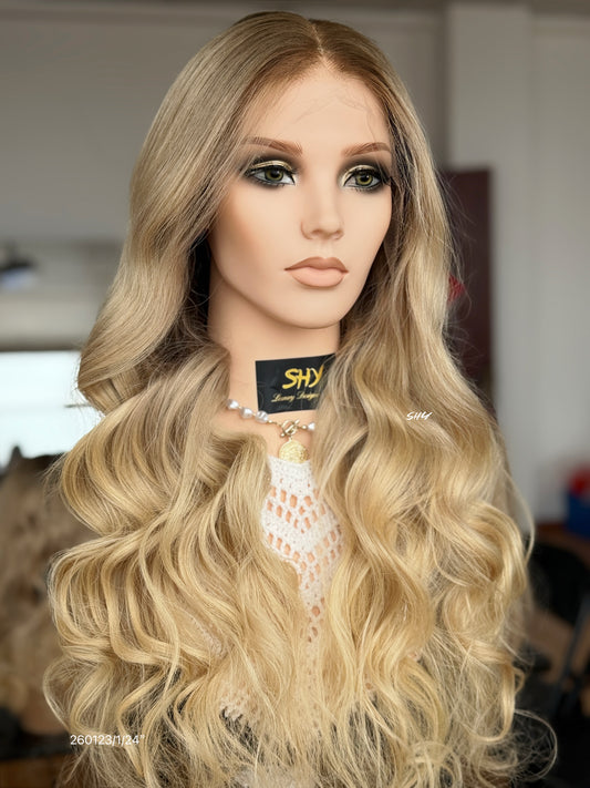 Dark Root Golden Blonde Middle-Part Body Wave Human Hair Lace Front Glueless Medical Wig, product view 2 — alternate view