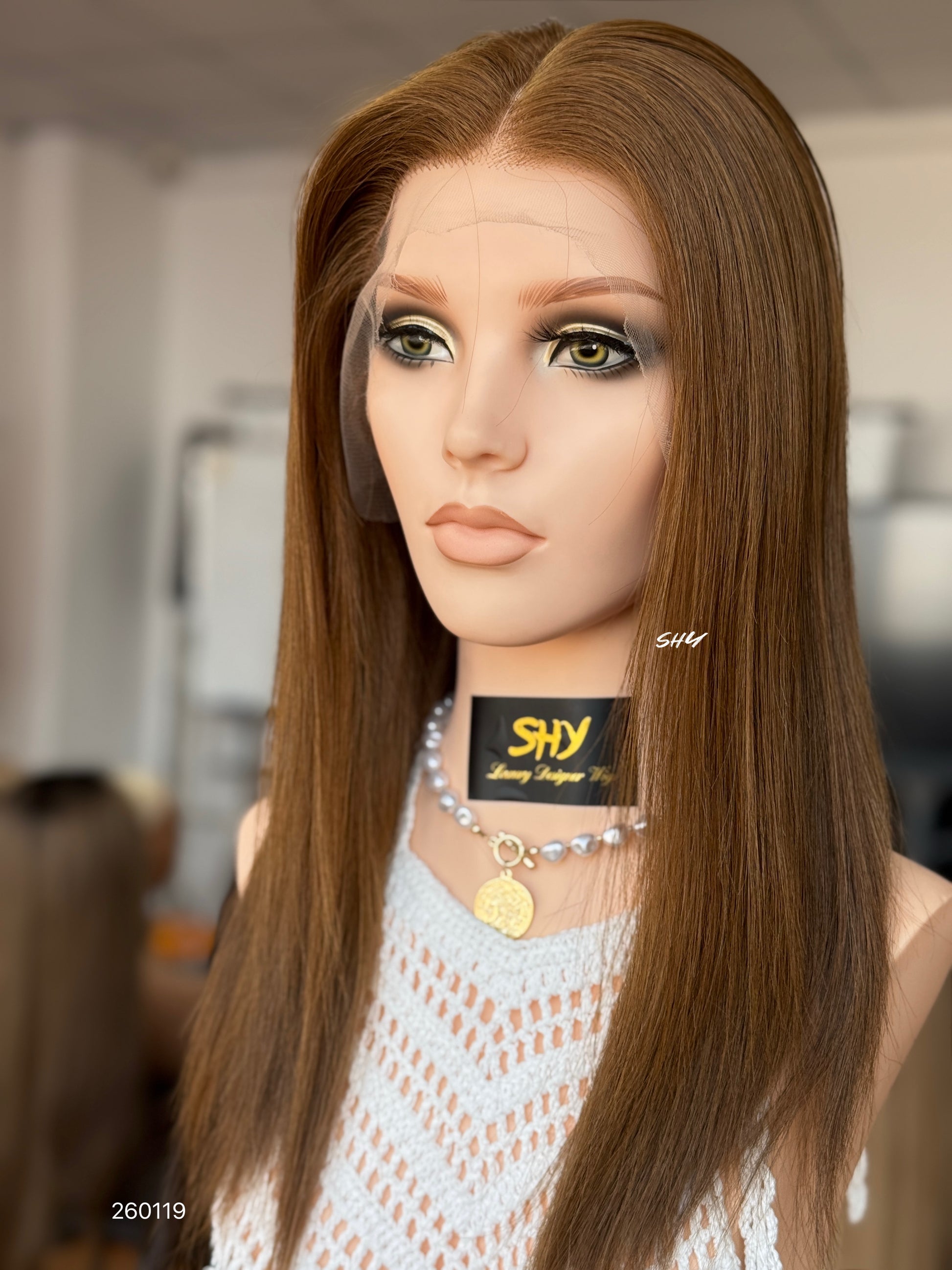Chestnut Chocolate Brown Middle-Part Straight Human Hair Lace Front Glueless Medical Wig, product view 2