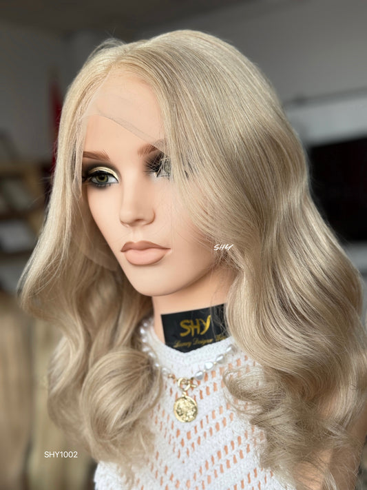 Champagne Blonde Middle-Part Loose Wave Human Hair Lace Front Glueless Medical Wig, product view 2 — alternate view