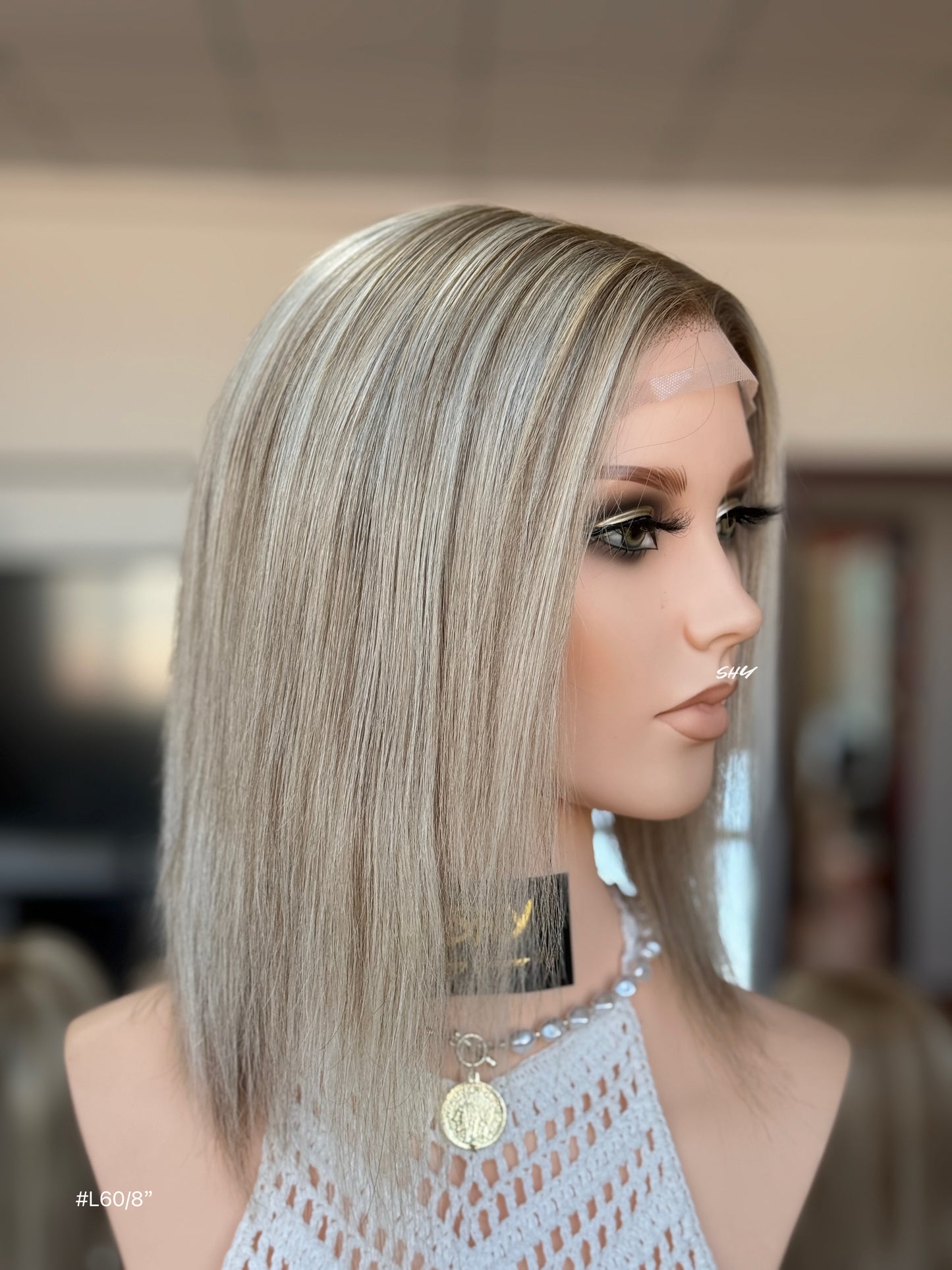 Ash Blonde Highlighted Middle-Part Straight Human Hair Lace Front Glueless Medical Wig, product view 2