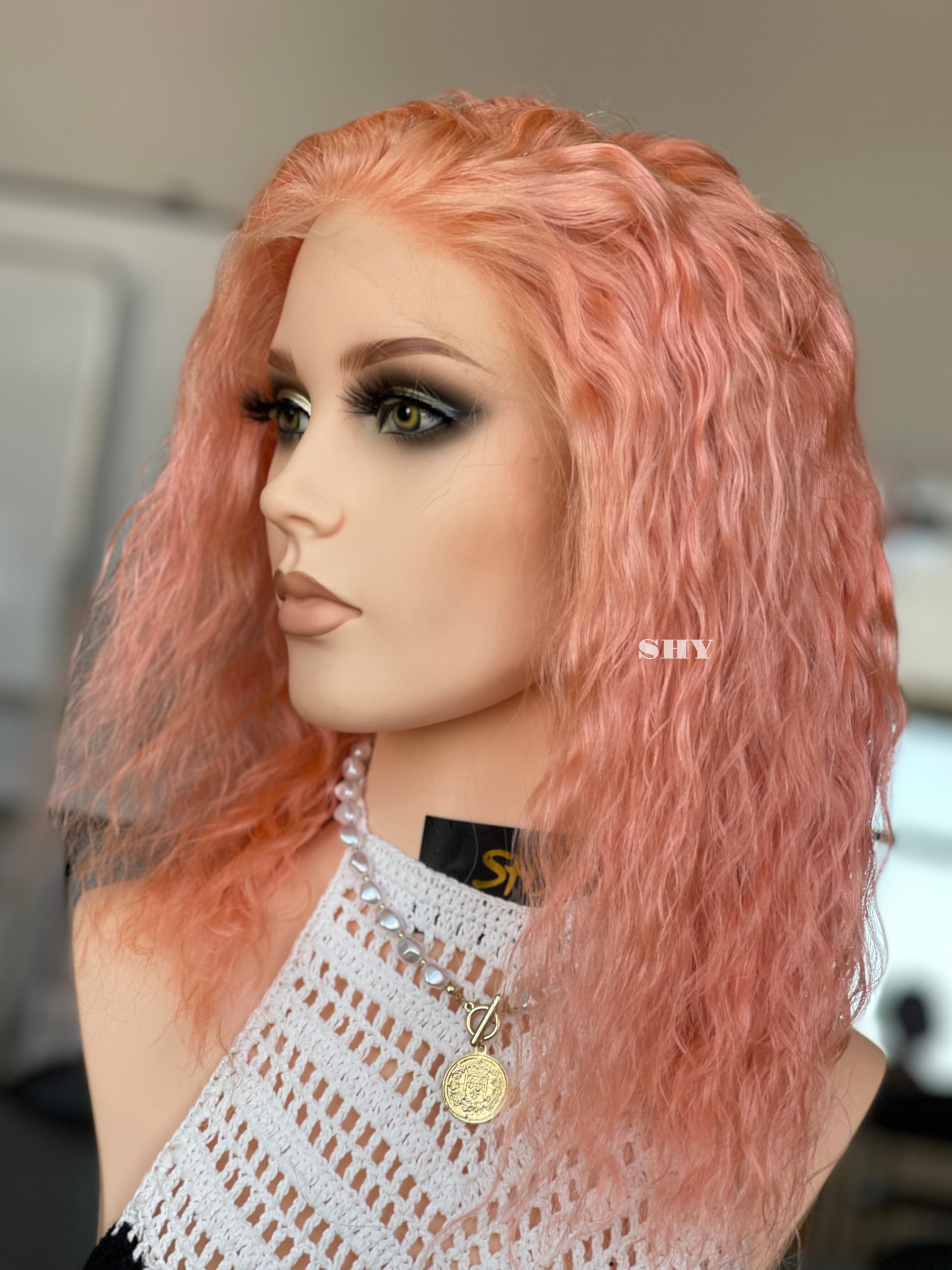 Rose Pink Side-Part Wavy Human Hair Lace Front Glueless Medical Wig, product view 2