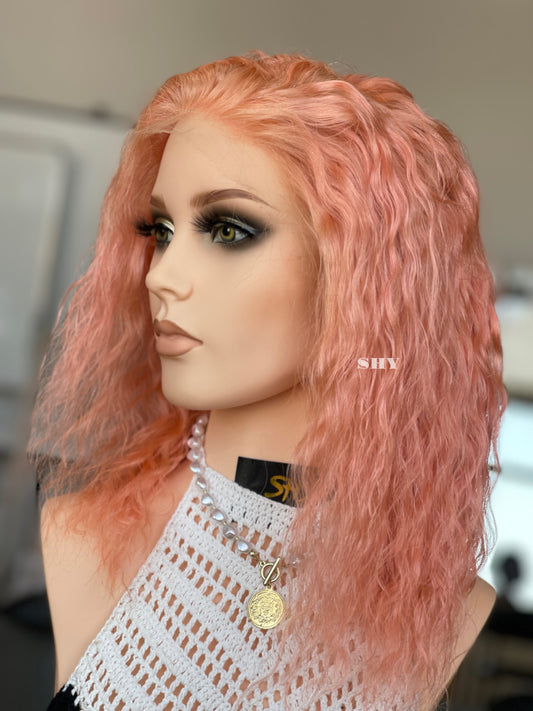 Rose Pink Side-Part Wavy Human Hair Lace Front Glueless Medical Wig, product view 2 — alternate view