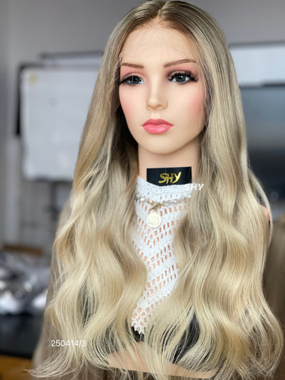 Ash Blonde Dark Root Middle-Part Body Wave Human Hair Lace Front Glueless Medical Wig, product view 2