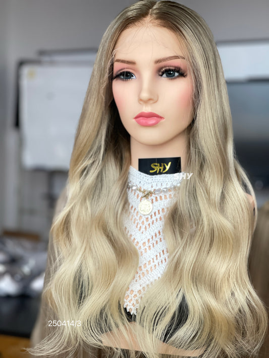 Ash Blonde Dark Root Middle-Part Body Wave Human Hair Lace Front Glueless Medical Wig, product view 2 — alternate view