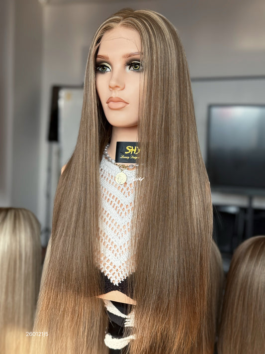 Brown Blonde Highlighted Middle-Part Long Straight Human Hair Lace Front Glueless Medical Wig, product view 2 — alternate view