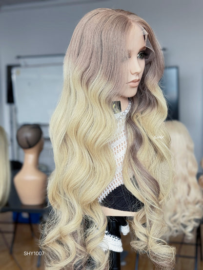 Rose Brown Root Blonde Middle-Part Body Wave Human Hair Lace Front Glueless Medical Wig, product view 2