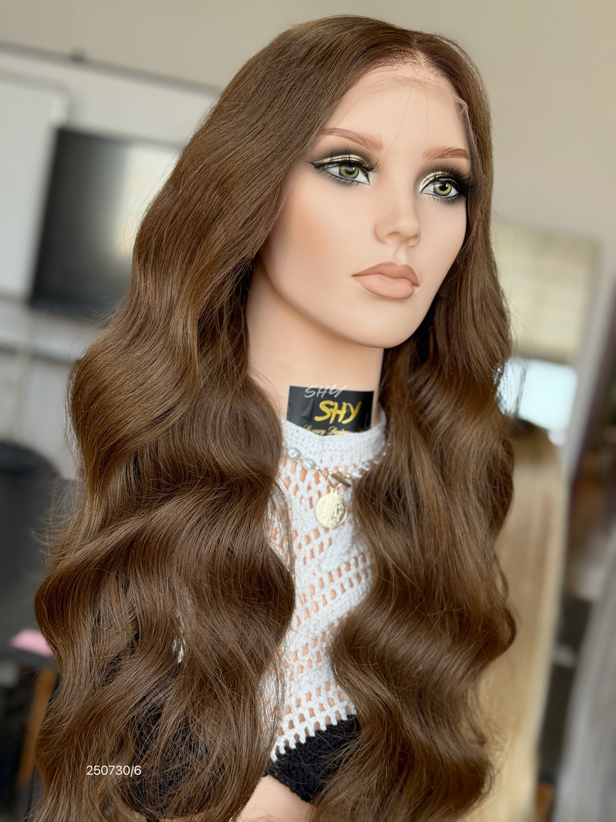 Chocolate Brown Middle-Part Long Wavy Human Hair Lace Front Glueless Medical Wig, product view 2